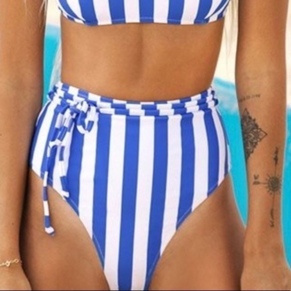 Cupshe blue/white striped high waisted fit bikini bottom NWT size XL